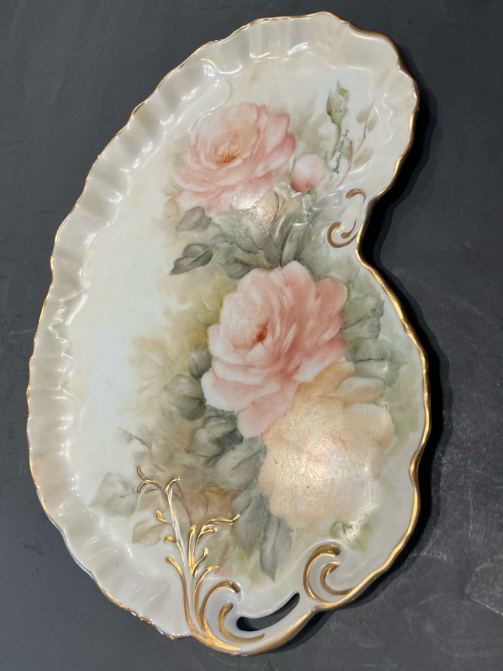 Antique possibly Limoges Kidney Shaped Roses Hand Painted Porcelain Signed